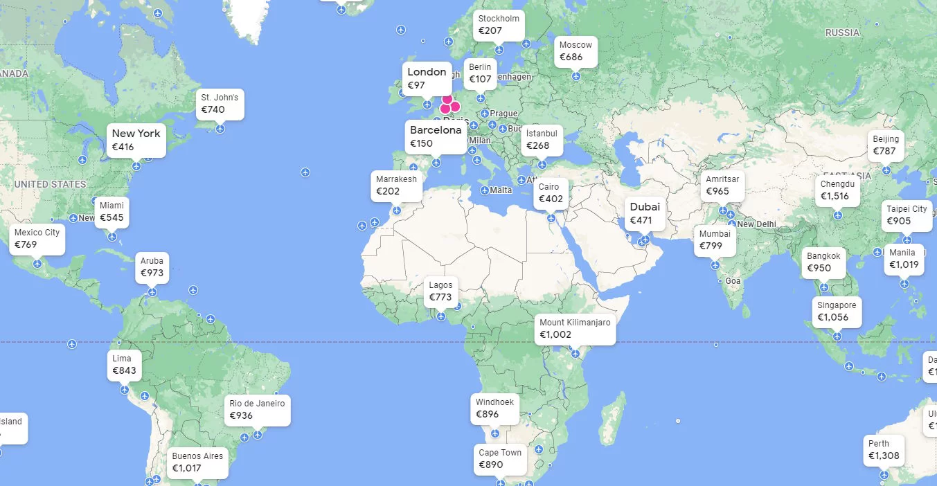 Kaart van Google Flights met de goedkoopste vliegtickets