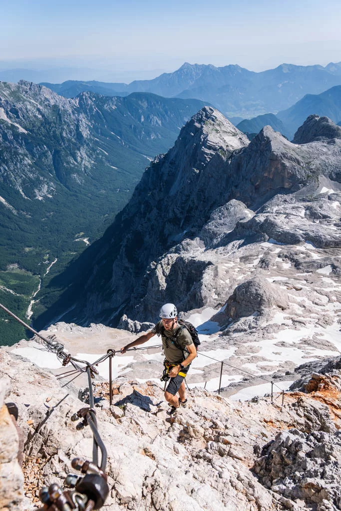 Climbing the Triglav along iron cables